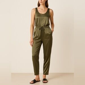 Theory Olive Silk Drawstring Jumpsuit